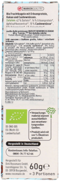Tył opakowania Rossmann Bio kulek owocowych z białkiem grochu i kakao, ze składem i tabelą odżywczą 60g.