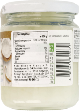 Tył szklanego słoika Rossmann z neutralnym olejem kokosowym, widoczna etykieta z tabelą wartości odżywczych.