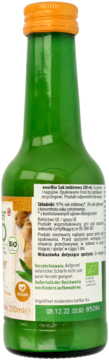 Tył zielonej butelki soku imbirowego BIO, etykieta z napisem VEGAN, datą ważności, pojemnością 200ml.