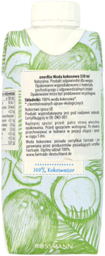EnerBio Woda kokosowa BIO, tylne opakowanie z etykietą, teksturą kokosa i logo Rossmann. Naturalna, dla wegan.