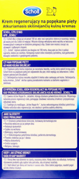 Tył opakowania kremu Scholl na popękane pięty 120 ml, z polskim tekstem i żółto-niebieską grafiką informacyjną.