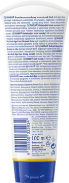 Tył białej tubki kremu do rąk NIVEA Anti-Age Care 3w1 100 ml z niebieską nakrętką, widoczne informacje i kod kreskowy.