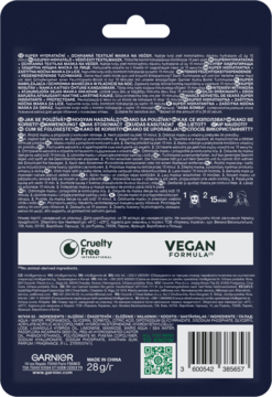 Tył nawilżającej maski Garnier Hydra Bomb 28g, niebieskie opakowanie z instrukcją i logo Vegan.