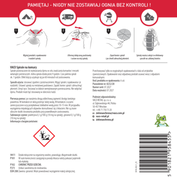 Tył opakowania Vaco spirale na komary Max. Czerwony baner, instrukcje, ostrzeżenia i kod kreskowy.