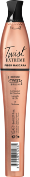 Tusz Bourjois Twist Extrême Fiber w różowo-złotej butelce, z tyłu opis działania 2-funkcyjnej szczoteczki.
