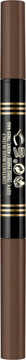 Max Factor Real Brow Fill and Shape 002 Soft Brown, brązowy cylinder z czarną etykietą ze złotymi paskami, widok z przodu.