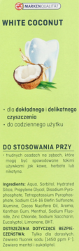 Opakowanie pasty MARKEn QUALITAT WHITE COCONUT, z wizualizacją białego zęba i orzecha kokosowego.