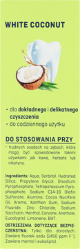 Panel pasty do zębów WHITE COCONUT. Ilustracja zęba i kokosa. Tekst o składzie, użyciu, zielone tło.