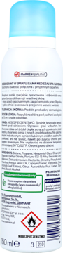 Tył opakowania dezodorantu w sprayu Isana 150ml. Biała butelka, niebieska nakrętka, polskie napisy i ostrzeżenia.