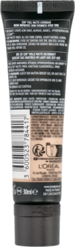 Tył beżowej tubki podkładu L'Oréal Infaillible Matte Cover 32H, widoczne informacje o produkcie i kod kreskowy.