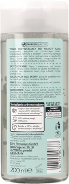 Tył butelki toniku oczyszczającego ISANA, widoczna etykieta z polskim tekstem o składzie, użyciu i recyklingu, 200 ml.