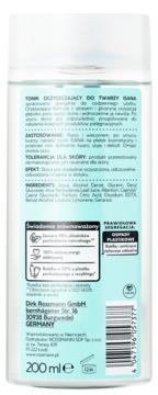 Tył butelki ISANA toniku do twarzy, 200ml, z błękitną etykietą i szczegółowym polskim opisem składu i użycia.