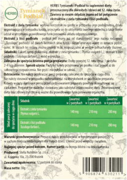 Tył opakowania Herbs Tymianek i Podbiał suplementu, zielono-białe z tabelą składników i barcode.