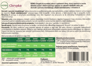 Tył opakowania suplementu Herbs Chrypka w zielono-białym opakowaniu, z listą składników i kodem kreskowym.