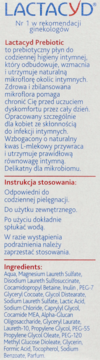 Lactacyd Prebiotic, płyn do higieny intymnej. Zbliżenie na etykietę z polskim opisem i listą składników.
