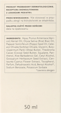 Tył białego opakowania kremu dla dzieci 50 ml, widoczna pełna lista składników, testowany pediatrycznie.