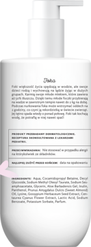 Tył białej butelki naturalnego żelu do ciała i włosów z pompką. Widoczne polskie etykiety ze składnikami, w tym olejkiem migdałowym.