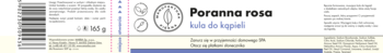 Etykieta kuli do kąpieli Poranna rosa 160g. Biała, czarny tekst, ikony liścia i recyklingu, widok z przodu.