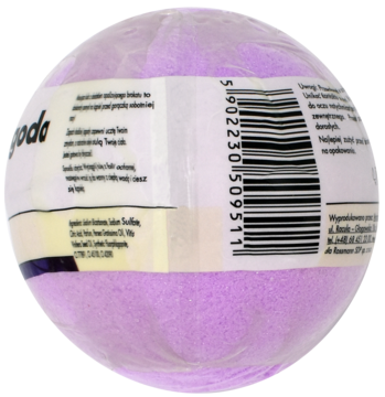 Fioletowa kula do kąpieli Błyskotliwa Jagoda, z brokatem, widok boczny z etykietą i kodem kreskowym.