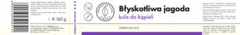 Etykieta kuli do kąpieli Błyskotliwa jagoda, fioletowy napis i symbol musującej kuli.