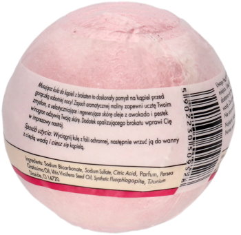 Różowa, musująca kula do kąpieli 'Błyskotliwa Malina' z widoczną z tyłu etykietą i kodem kreskowym.