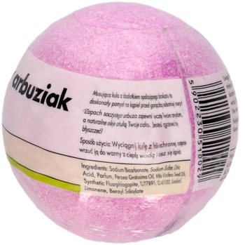 Różowa, opalizująca kula do kąpieli o zapachu arbuza, widok tyłu z etykietą i składem produktu.