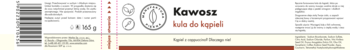Etykieta kuli do kąpieli Kawosz z olejkami, o zapachu kawy z przyprawami. Widok z przodu, widoczna waga 160g.