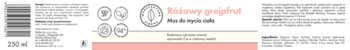 Biała etykieta musu do kąpieli Różowy Grejpfrut z czerwonym napisem i ikonami, widok z przodu. Zawiera kod kreskowy.