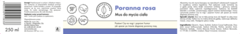 Etykieta musu Poranna Rosa 250ml. Biało-niebieska z ikonami, tekst o zapachu trawy cytrynowej i drzewa herbacianego.