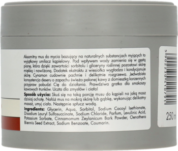 Aksamitny mus do mycia kawowo-cynamonowy 250ml, widok z tyłu szarego opakowania z etykietą.