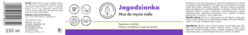 Widok z przodu etykiety musu do mycia ciała Jagodzianka 250ml, biało-fioletowej, o zapachu jagodzianki.