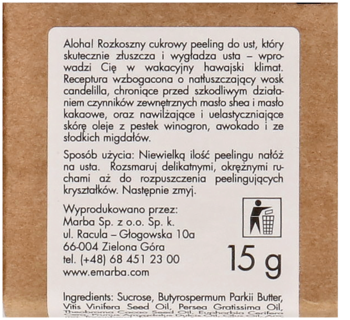 Tył opakowania brązowego cukrowego peelingu do ust z białą etykietą, tekstem instrukcji i składnikami.