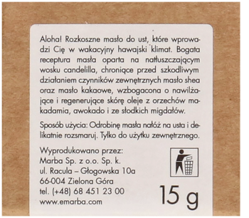 Tył opakowania masła do ust Marba, 15g, z polską etykietą składu i sposobu użycia, na brązowym tle.