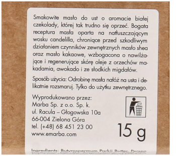Tył etykiety masła do ust o aromacie białej czekolady, z opisem składników i danych producenta.