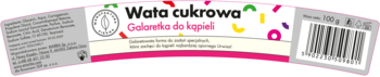 Kolorowa etykieta galaretki do kąpieli 'Wata cukrowa' z motywem posypki, widok z przodu i boku z kodem.