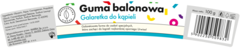 Etykieta galaretki do kąpieli "Guma balonowa", biała z kolorowymi grafikami i niebieskim paskiem, widok z ukosa.