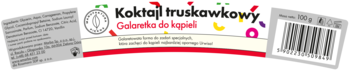 Etykieta galaretki "Koktajl truskawkowy": biało-czerwona z kolorowymi kropkami. Widoczne składniki, kod kreskowy, ujęcie pod kątem.