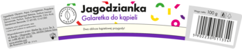 Etykieta Jagodzianka Galaretka do kąpieli, biała z fioletowym dołem i kolorowym konfetti, tekst: "Dwa oblicza kąpielowej przygody!".