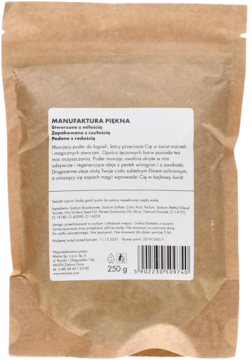 Brązowy papierowy puder do kąpieli Manufaktura Piękna 250g, tył opakowania ze składem i kodem kreskowym.