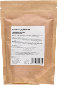 Musujący puder do kąpieli Manufaktura Piękna, brązowa torebka kraft, tył z etykietą i wagą 250g.