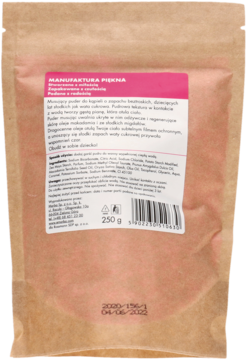 Tył brązowej torebki musującego pudru do kąpieli Manufaktura Piena, zapach wata cukrowa, 250g.