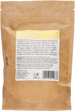 Tył brązowej torebki z musującym pudrem do kąpieli Manufaktura Piękna, zapach bezowego tortu, 250g.