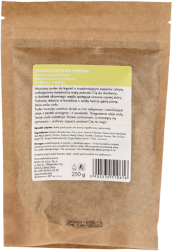Tył brązowej torebki Manufaktura Piękna, musującego pudru do kąpieli cytryna-mięta z węglem aktywnym, 250g.