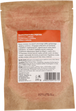 Tył papierowego opakowania soli kąpielowej Manufaktura Piękna, zapach jabłko-cynamon, z pomarańczową etykietą.