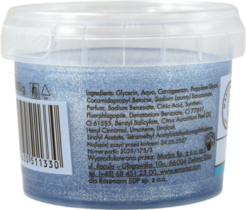 Tył brokatowej, błękitnej galaretki do kąpieli Błękitna Laguna w przezroczystym pojemniku ze składnikami.