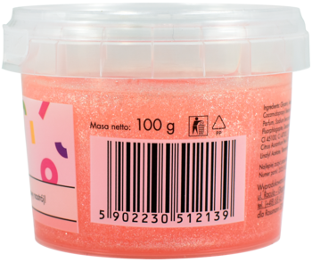 Różowa, błyszcząca galaretka do kąpieli, widok z tyłu opakowania z kodem kreskowym i etykietą.