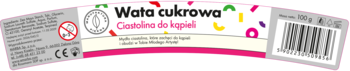 Etykieta Wata cukrowa Ciastolina do kąpieli: biała, różowy tekst, kolorowe konfetti, kod kreskowy, widok z góry.