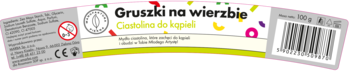 Etykieta mydła ciastoliny Gruszki na wierzbie, biała z kolorowymi plamami, widoczne ostrzeżenie 0-3 i kod kreskowy.