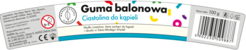 Białe opakowanie mydła-ciastoliny do kąpieli Guma balonowa, z logo CE, ostrzeżeniem i kodem kreskowym.