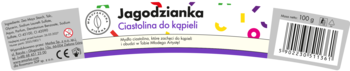 Etykieta Jagodzianka Ciastolina do kąpieli, biało-fioletowa z confetti, z logo, częścią instrukcji i kodem kreskowym.